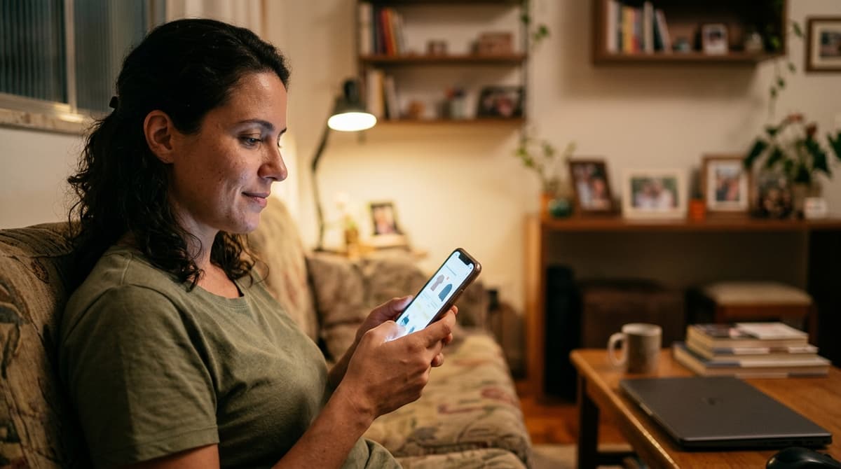 Cliente vendo um anúncio no celular do mesmo produto que havia pesquisado antes no notebook