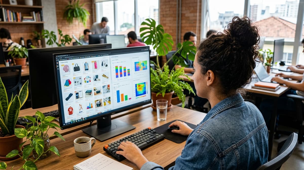 Tela de gerenciador de anúncios mostrando catálogo de produtos e públicos de remarketing configurados