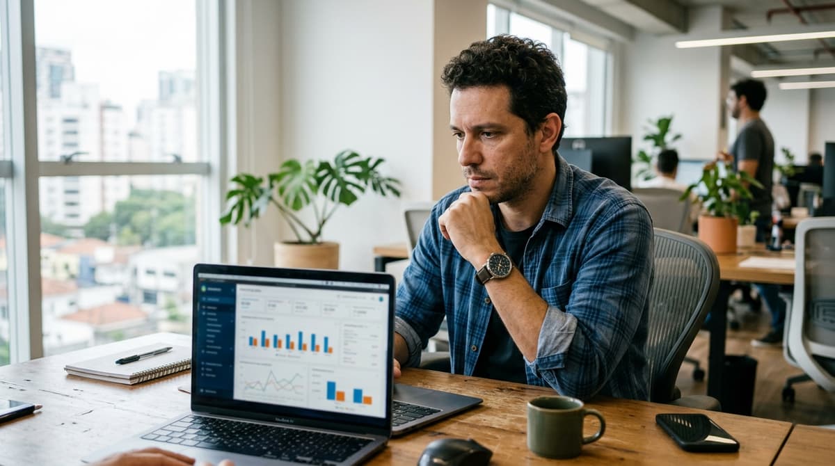 Dono de pequena empresa analisando campanhas de remarketing no computador em escritório brasileiro