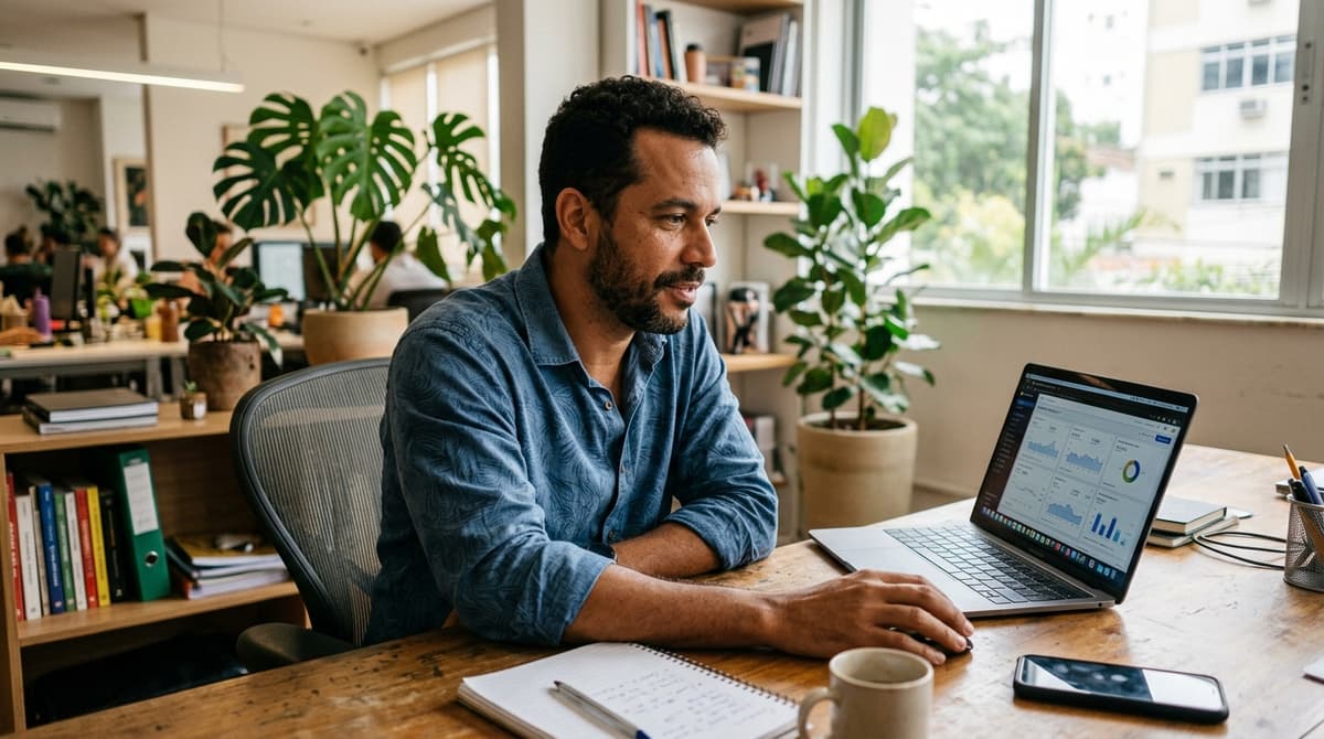 Empresário brasileiro analisando campanha de remarketing no Google Ads em um notebook