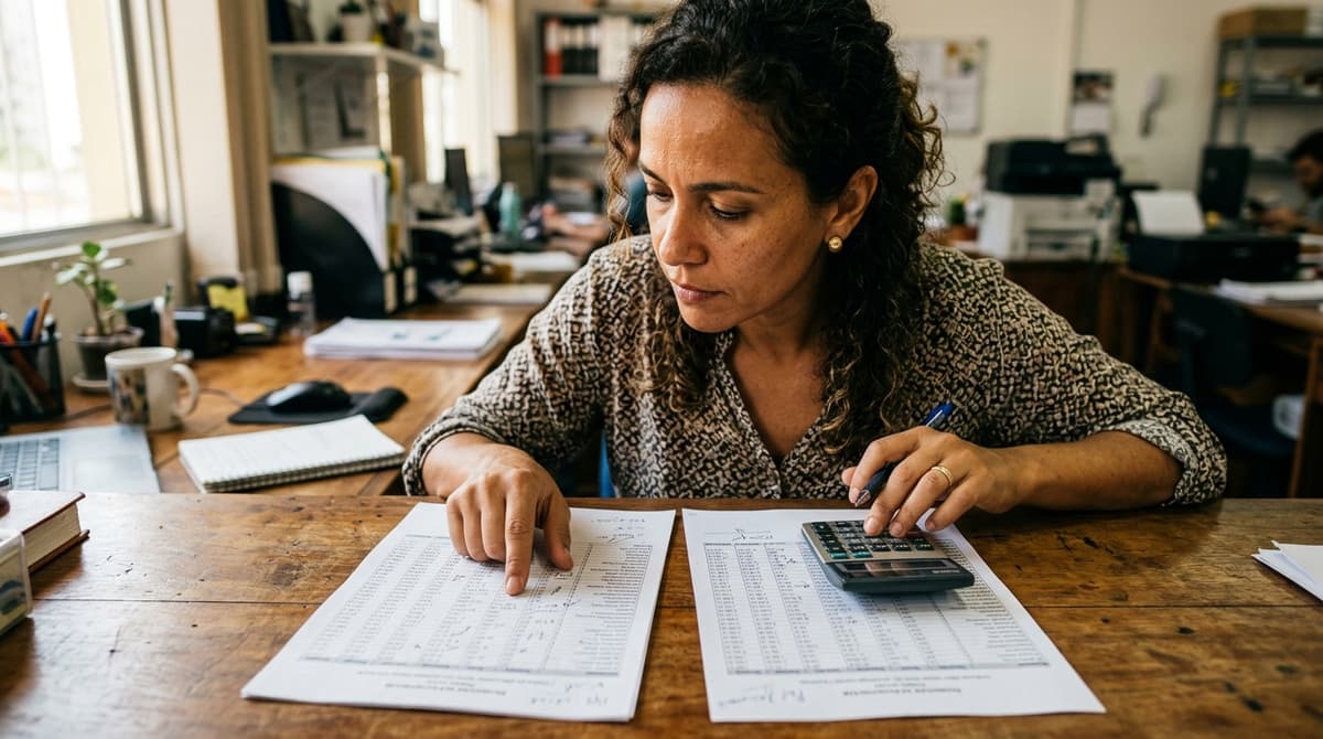 Empresário comparando duas planilhas com cálculos de ROAS e ROI sobre a mesa