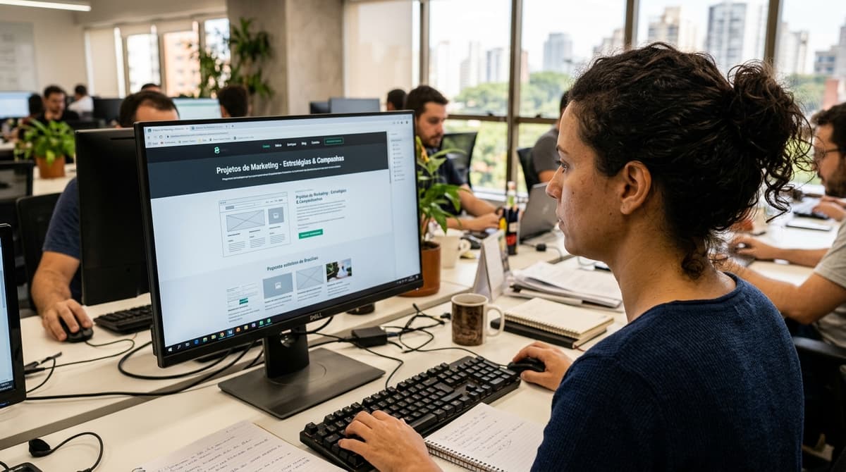 Profissional de marketing revisando títulos e descrições de páginas de um site em uma tela