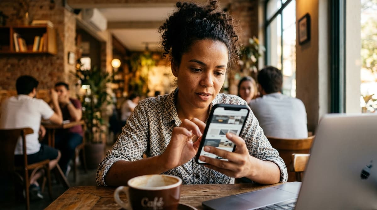 Pessoa usando um smartphone para acessar rapidamente o site de uma empresa brasileira em um café