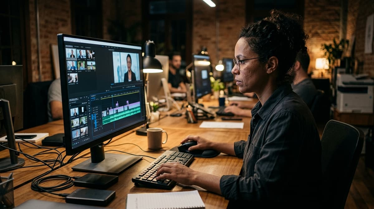Editor de vídeo trabalhando em timeline em monitor com cenas de vídeo institucional de empresa