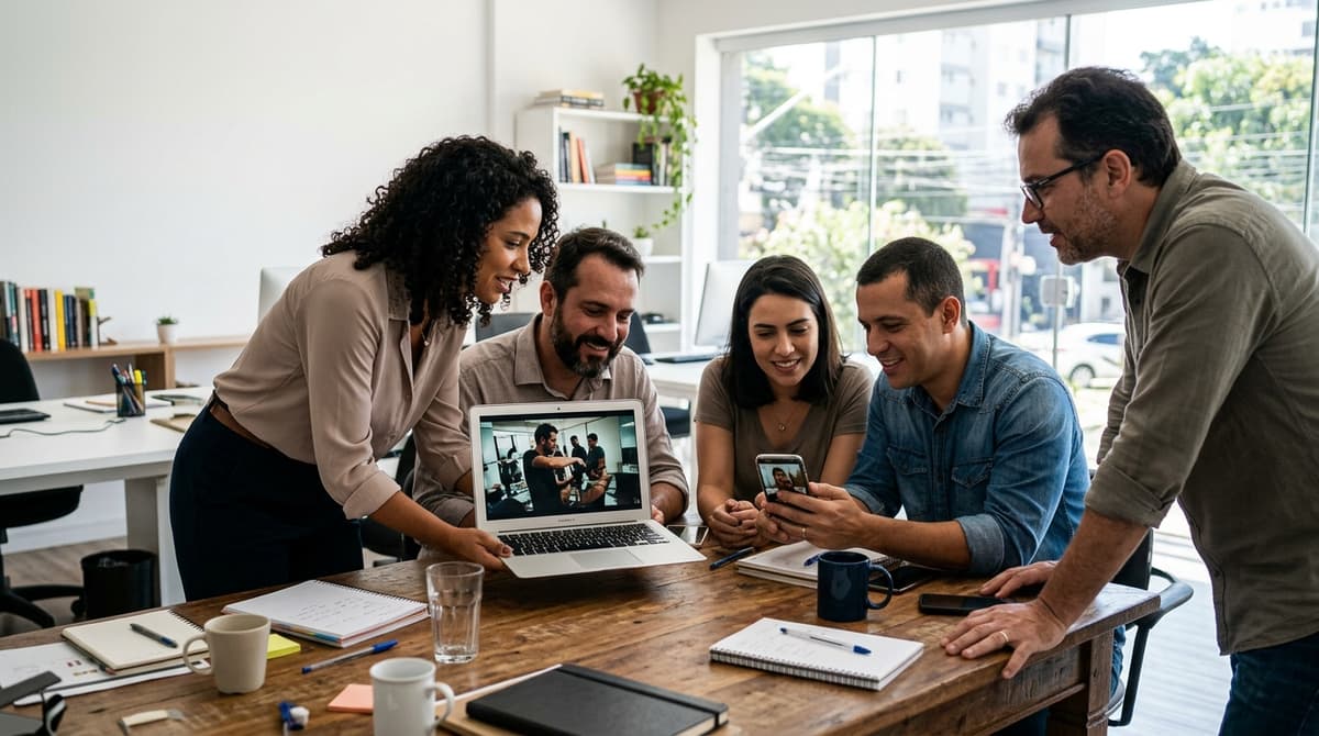 Equipe de marketing brasileira analisando tendências de vídeo em uma reunião de planejamento