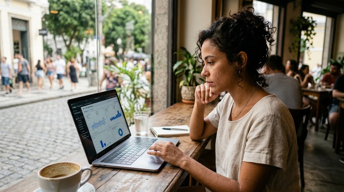 Empreendedora analisando o desempenho de campanhas de anúncios no notebook