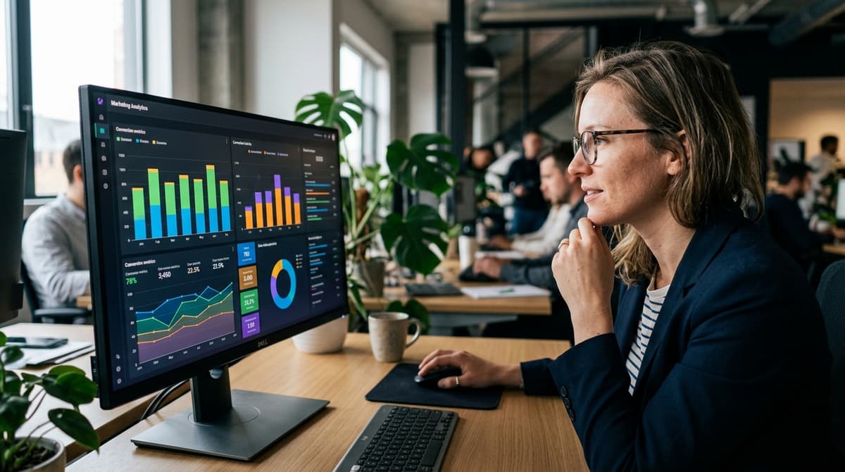 Tela de computador exibindo gráficos e métricas de desempenho de campanhas digitais