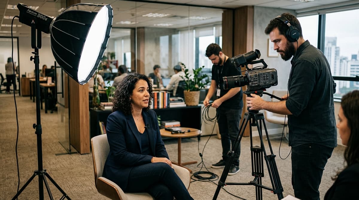 Equipe de produção de vídeo profissional gravando depoimento de cliente em ambiente corporativo com iluminação controlada
