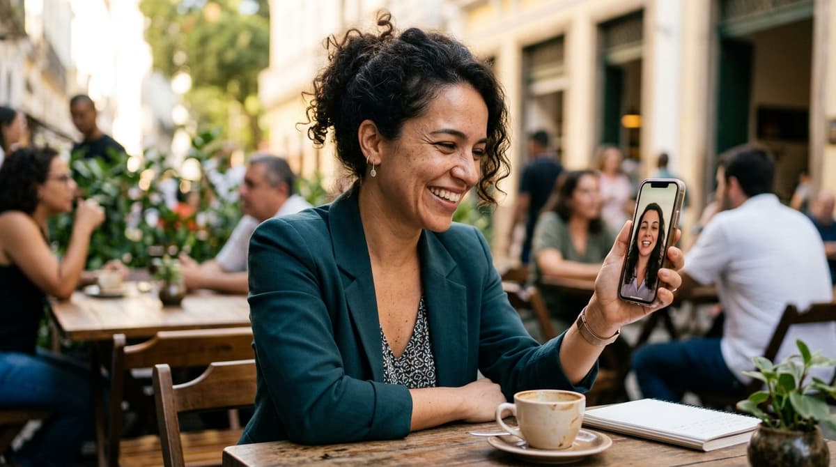 Empreendedora brasileira assistindo no celular ao depoimento em vídeo de outra cliente satisfeita