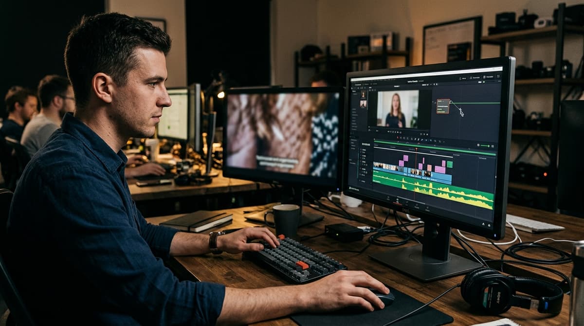 Editor de vídeo em uma agência ajustando legendas em um depoimento de cliente em uma estação de edição