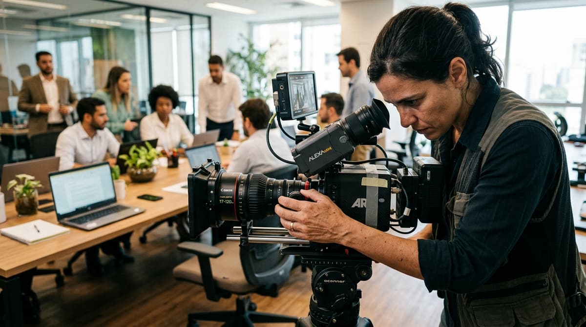 Diretor de fotografia ajustando câmera profissional sobre tripé enquanto grava a equipe de uma empresa brasileira em ambiente de escritório