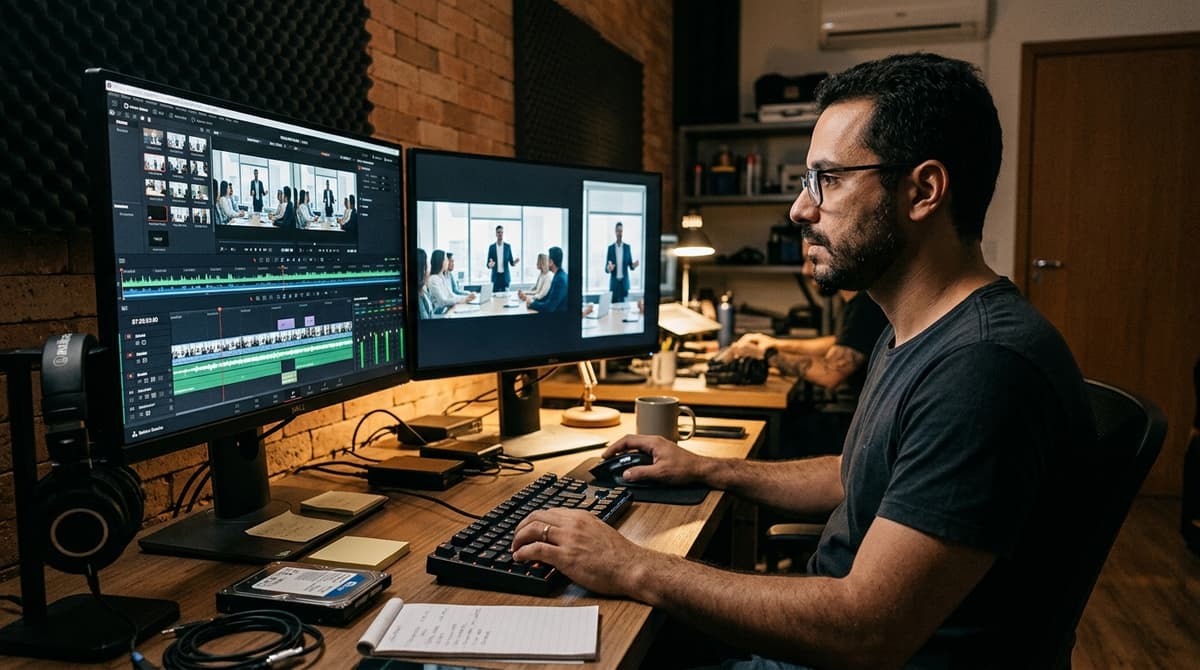 Profissional editando vídeo institucional em computador com duas telas, mostrando linha do tempo de edição e versões horizontal e vertical do mesmo vídeo