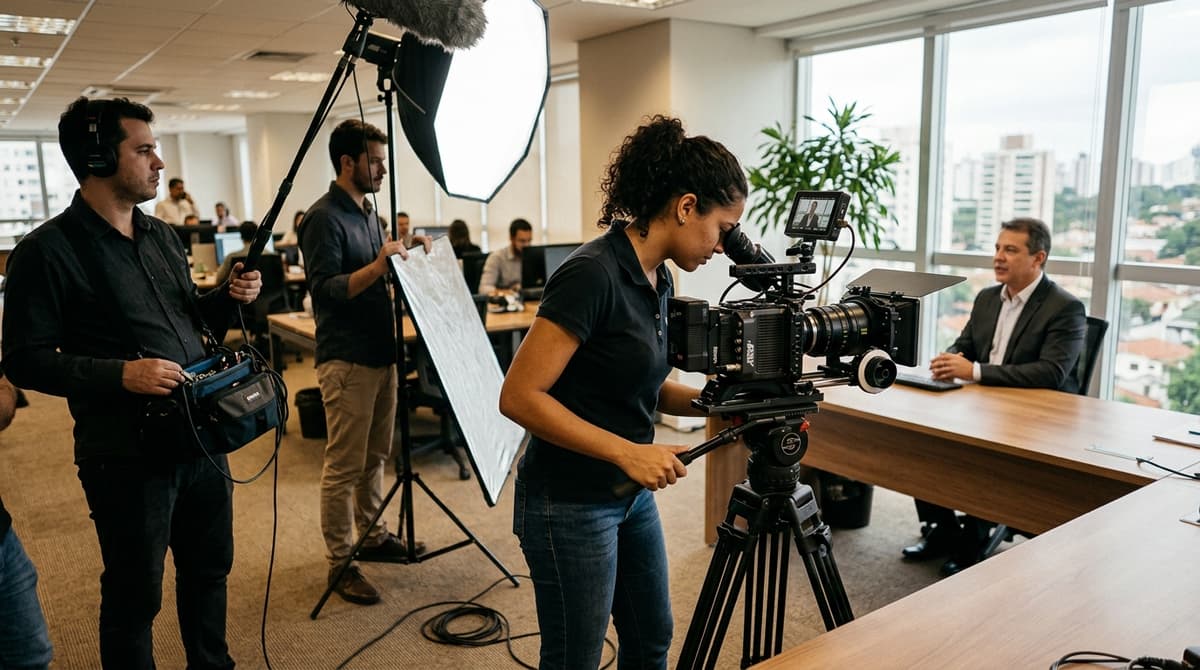 Equipe de produção audiovisual gravando vídeo institucional em escritório brasileiro, com câmera profissional, tripé e iluminação