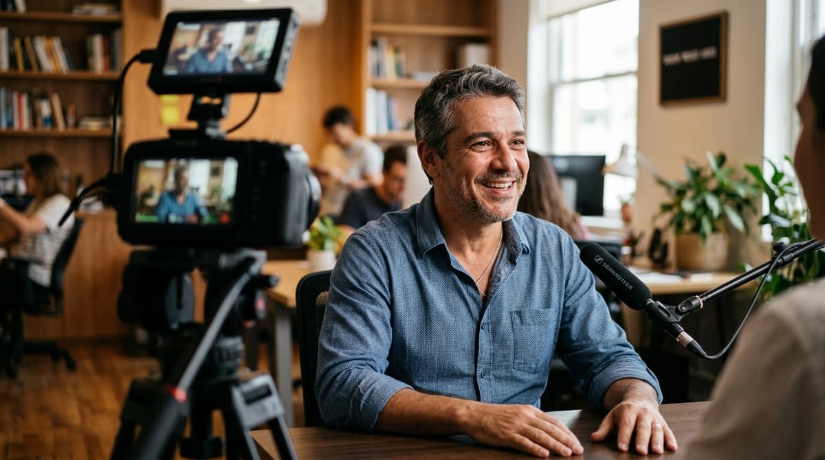 Cliente satisfeito sendo gravado dando depoimento em vídeo para empresa, com câmera e microfone em primeiro plano