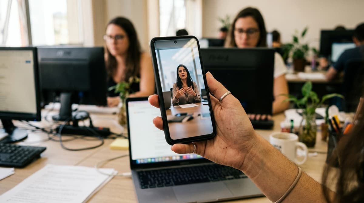 Tela de smartphone mostrando vídeo vertical de empresa em formato Reels, segurado por mão em ambiente de escritório brasileiro