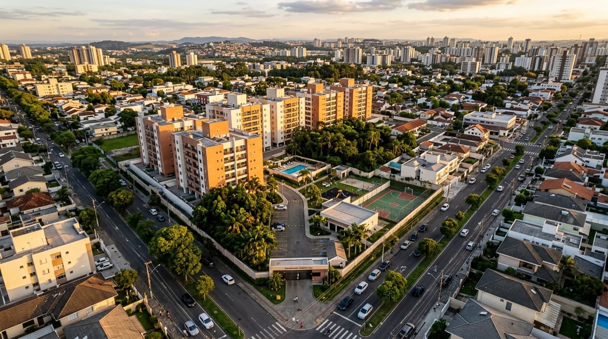 Drone sobrevoando um condomínio residencial brasileiro ao entardecer, mostrando a localização e a vizinhança do imóvel