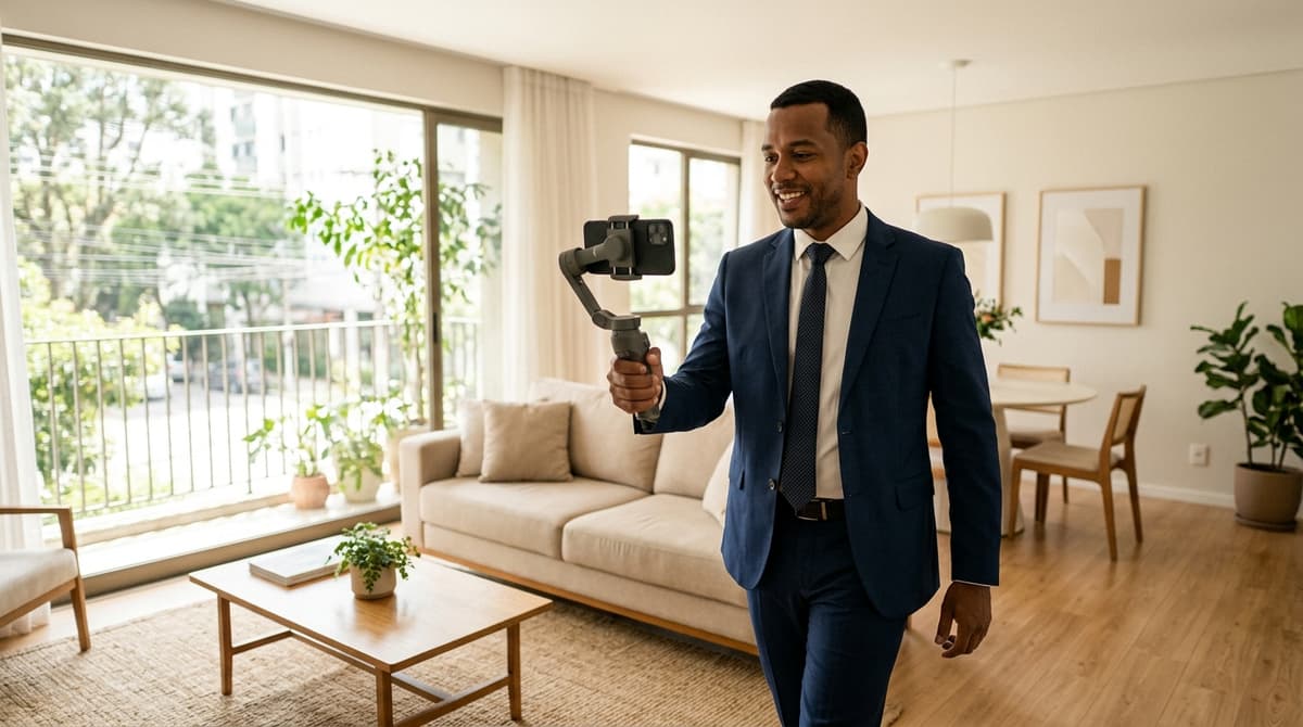 Corretor de imóveis brasileiro gravando o tour de um apartamento decorado com o celular em estabilizador durante o dia