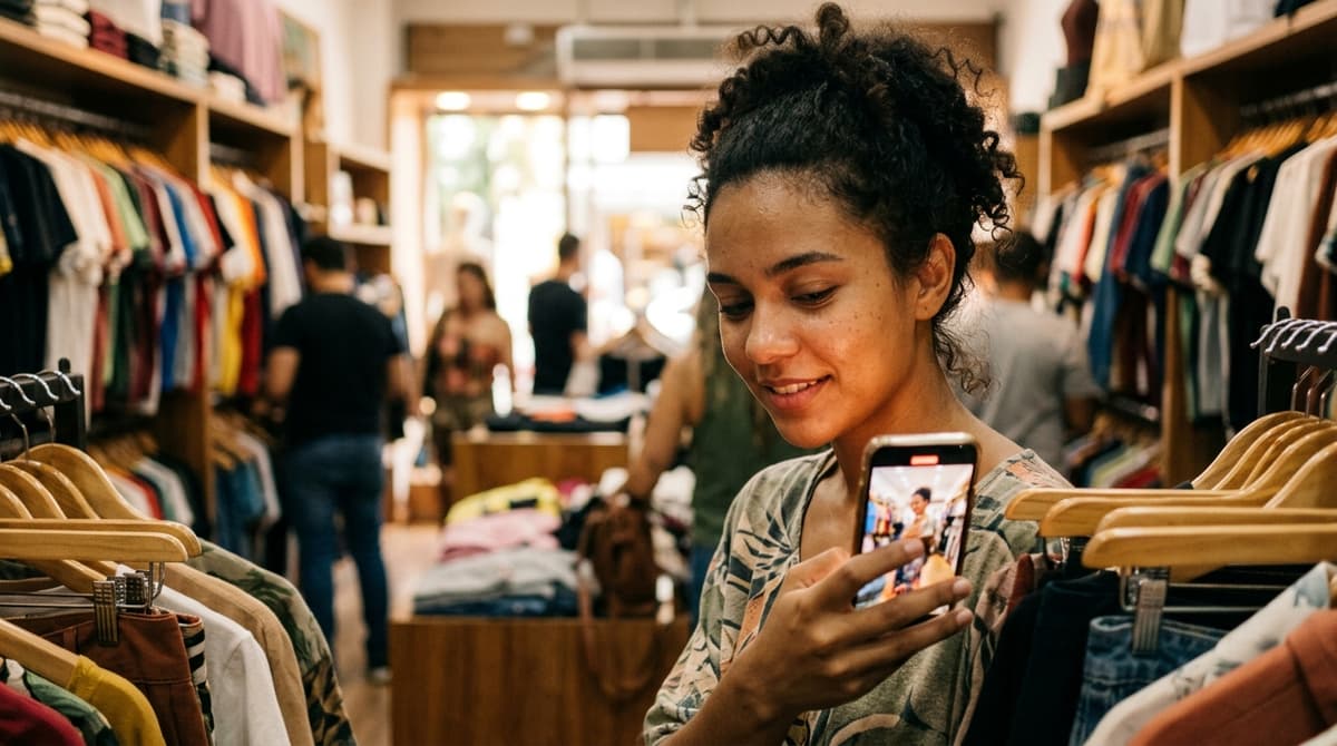 Cliente assistindo a um vídeo de produto no celular dentro de uma loja de roupas