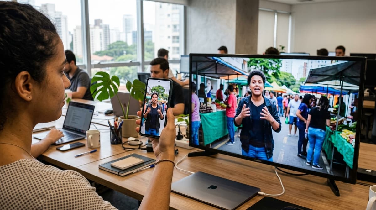 Comparação lado a lado de um smartphone na vertical e uma televisão na horizontal exibindo vídeo