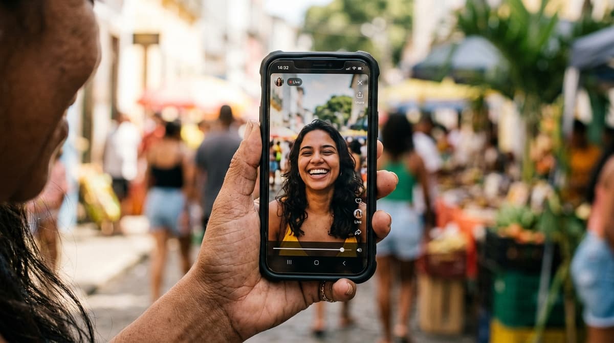 Tela de smartphone mostrando vídeo vertical 9:16 com áreas de interface destacadas no topo e na base