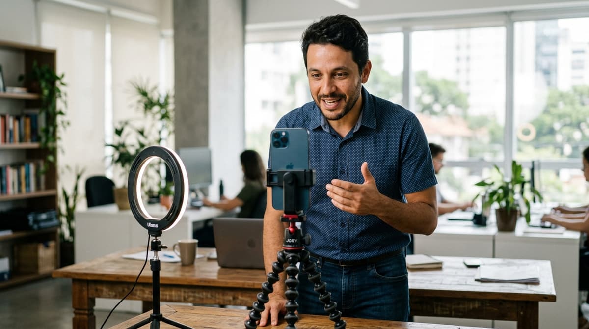 Empresário gravando vídeo vertical com smartphone em tripé dentro de um escritório brasileiro