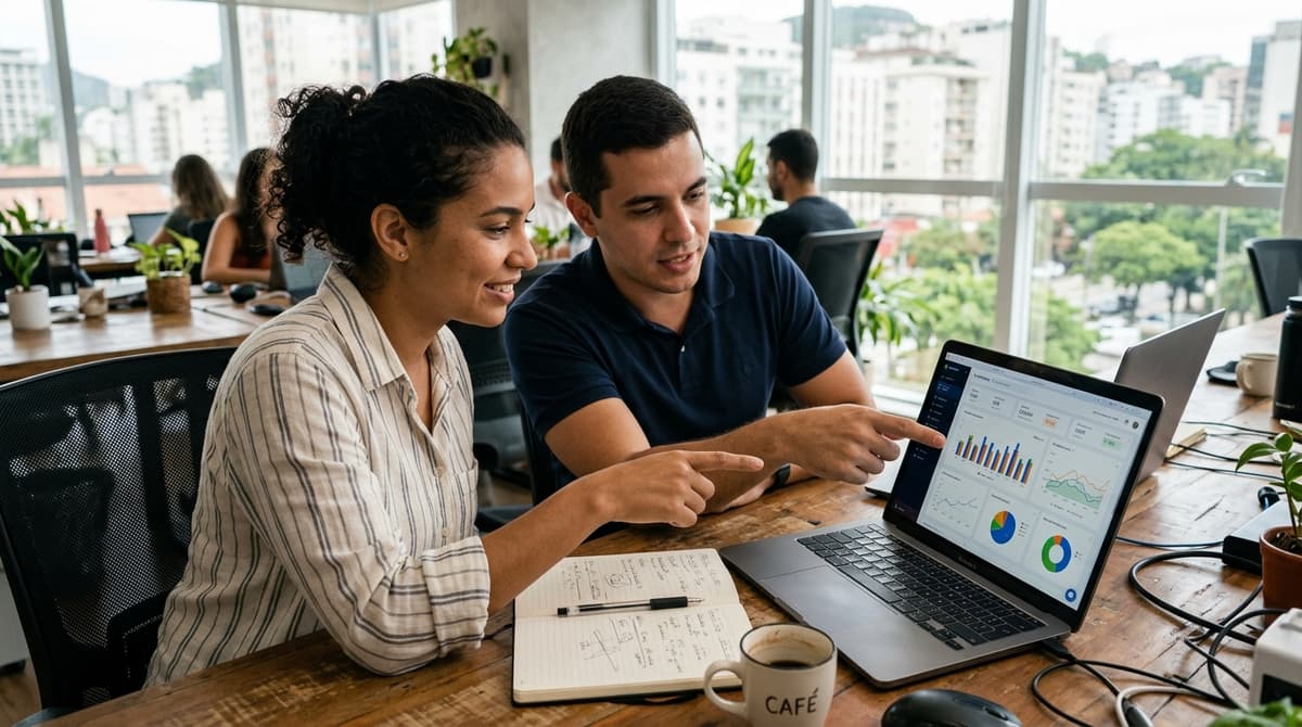 Painel do Google Ads exibindo orçamento diário e custo por clique durante reunião de planejamento