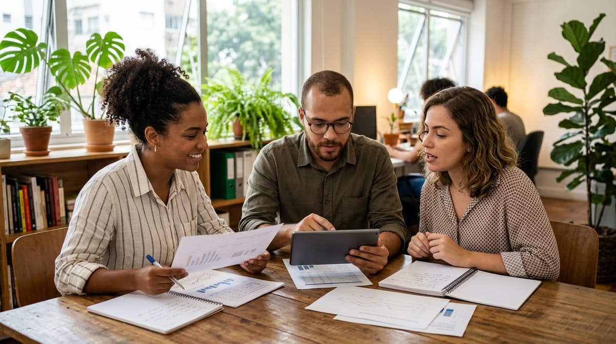 Equipe de agência de marketing brasileira revisando relatório de desempenho de campanha de Google Ads