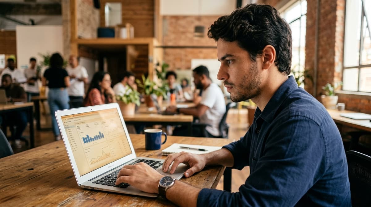 Empreendedor revisando painel de campanha de anúncios pagos com gráficos de custo e conversão