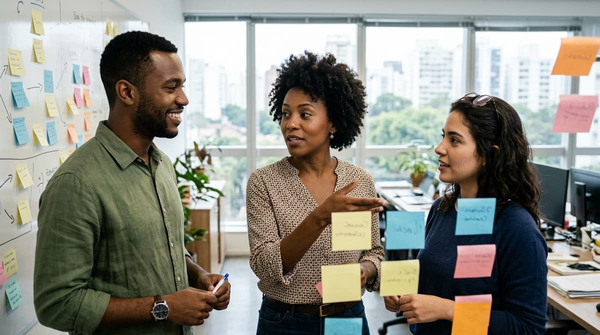 Equipe de marketing discutindo segmentação de público e criativos em frente a um quadro