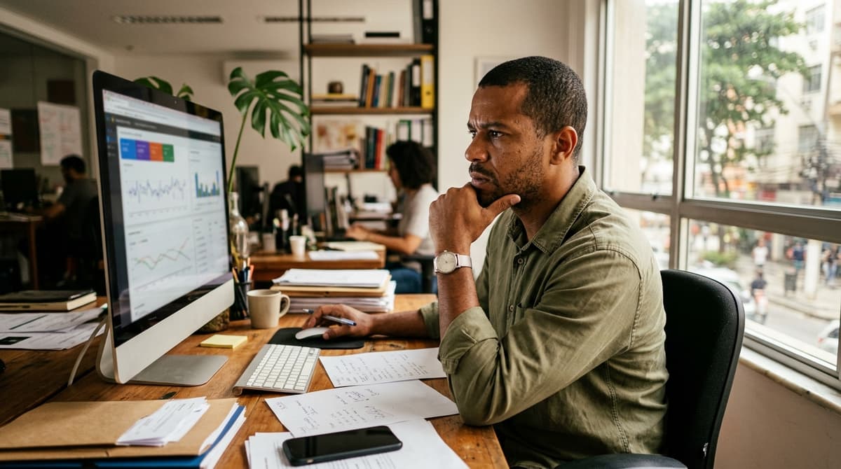 Dono de pequena empresa analisando relatório de anúncios pagos no computador, em escritório no Brasil