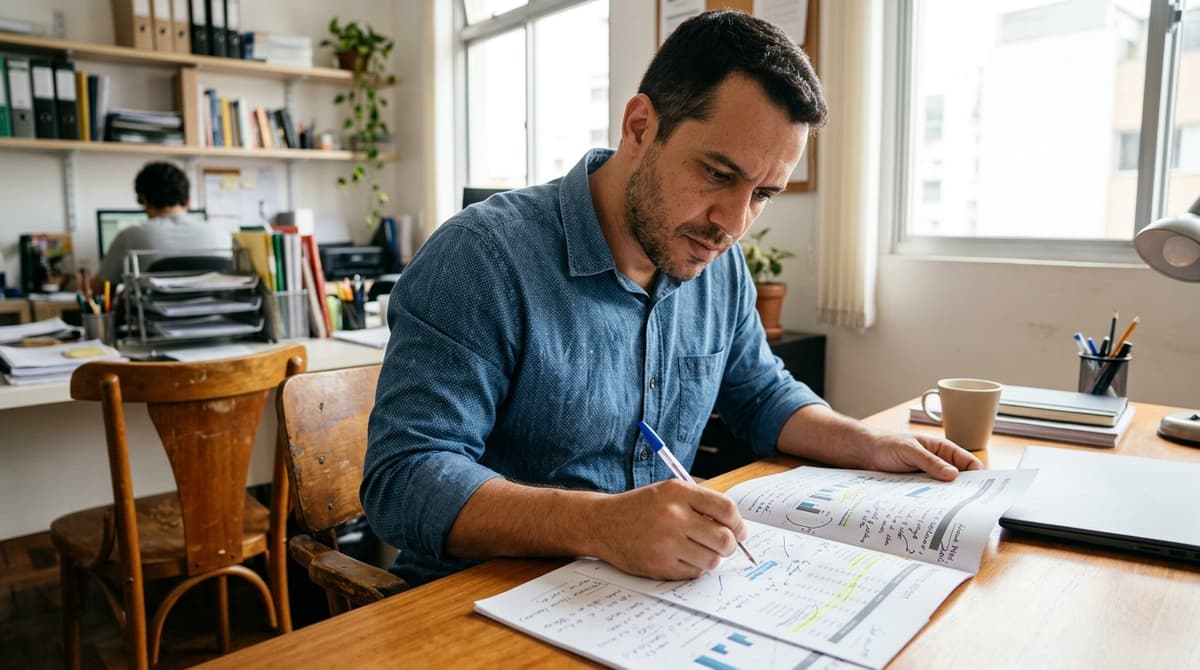 Dono de pequena empresa revisando relatório de marketing impresso com anotações em uma mesa de escritório