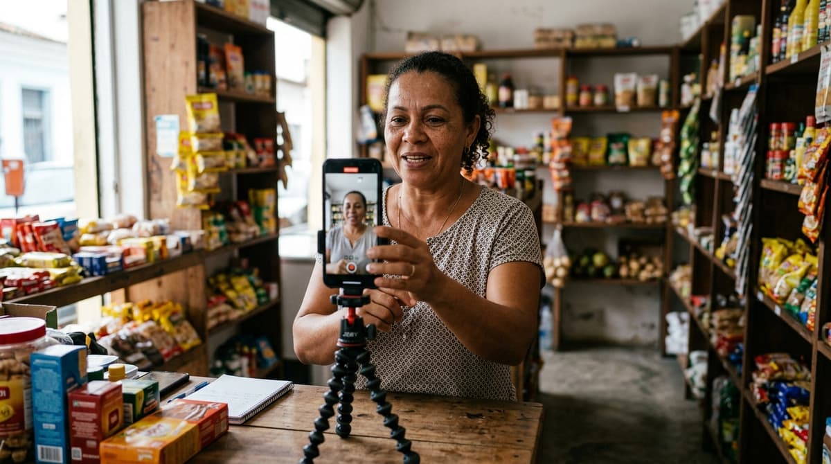 Pequeno empresário brasileiro gravando um vídeo vertical com o celular em um tripé dentro da própria loja