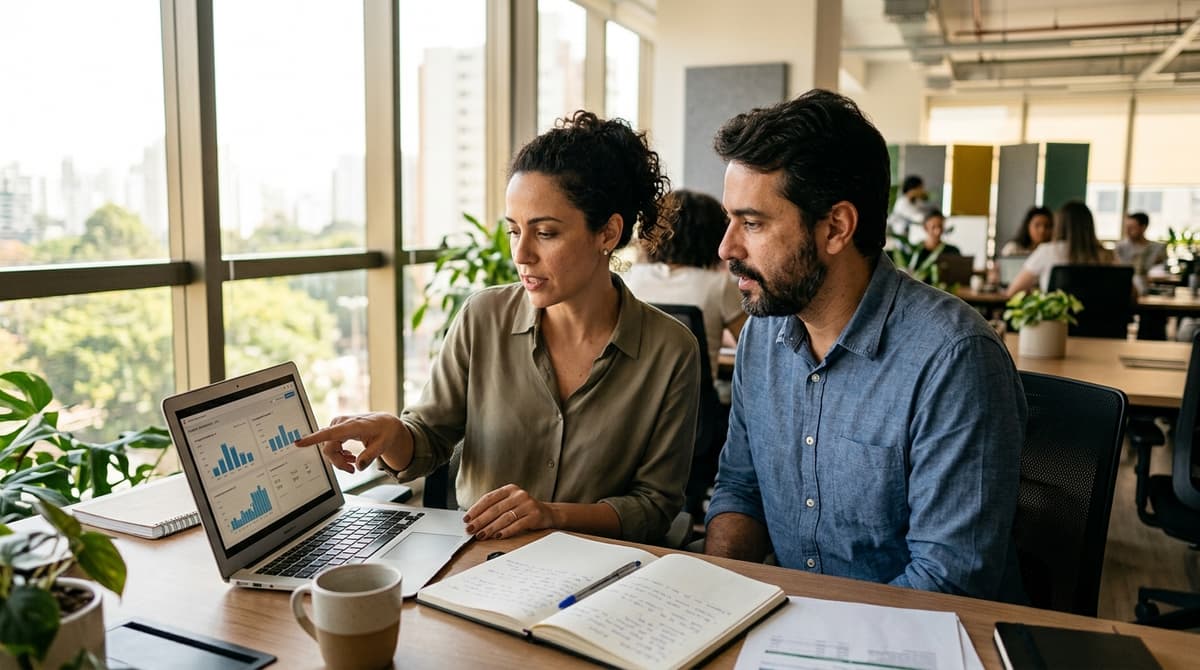 Equipe de marketing brasileira analisando métricas de Instagram em um notebook em um escritório iluminado
