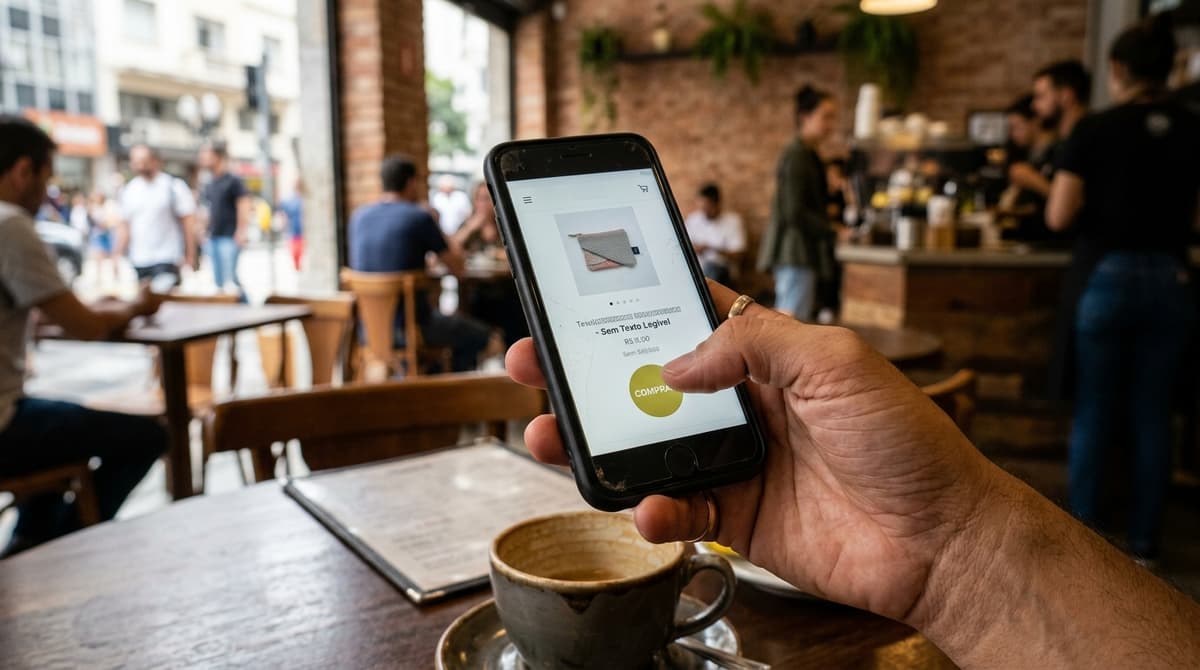 Tela de smartphone mostrando um site carregando rapidamente enquanto uma pessoa toca em um botão de comprar.