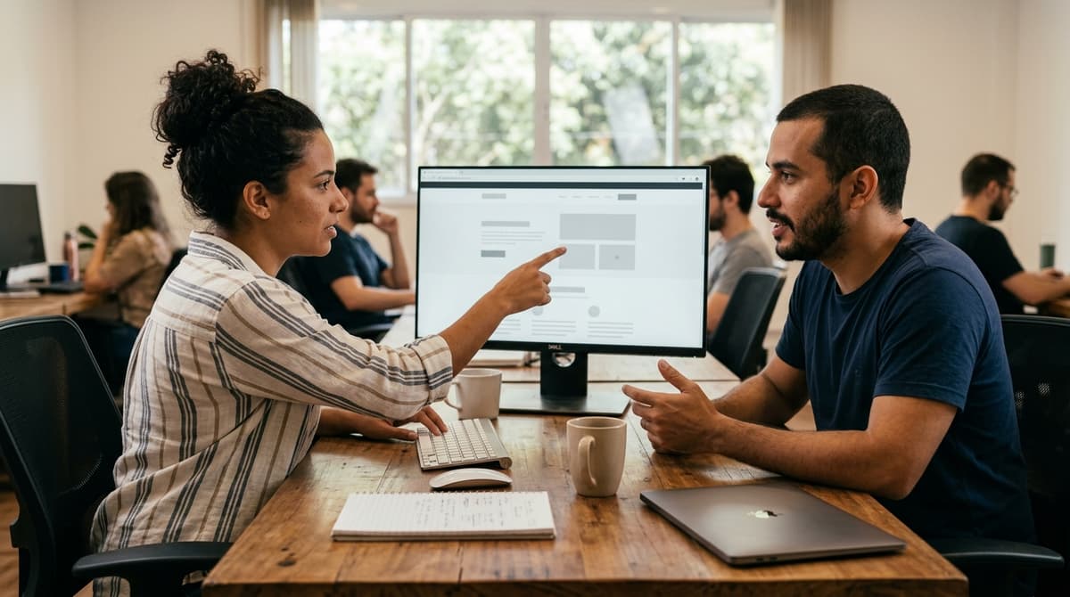 Designer e desenvolvedor brasileiros revisando juntos o layout de uma página em um monitor, escolhendo poucas imagens.
