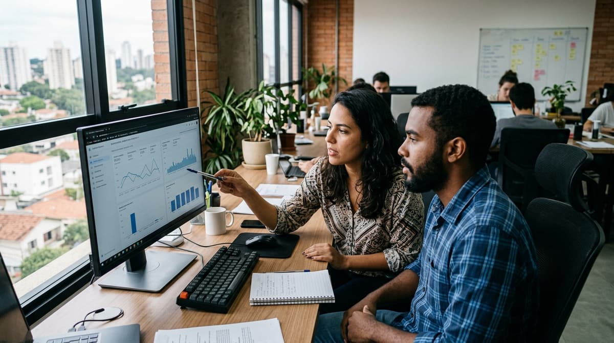 Equipe de uma pequena empresa brasileira analisando o desempenho do site em uma tela com gráficos de conversão.