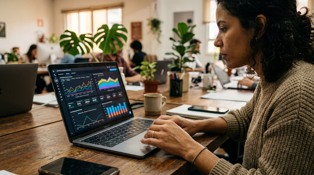 Painel de campanha de anúncios em tela de notebook com gráficos de desempenho