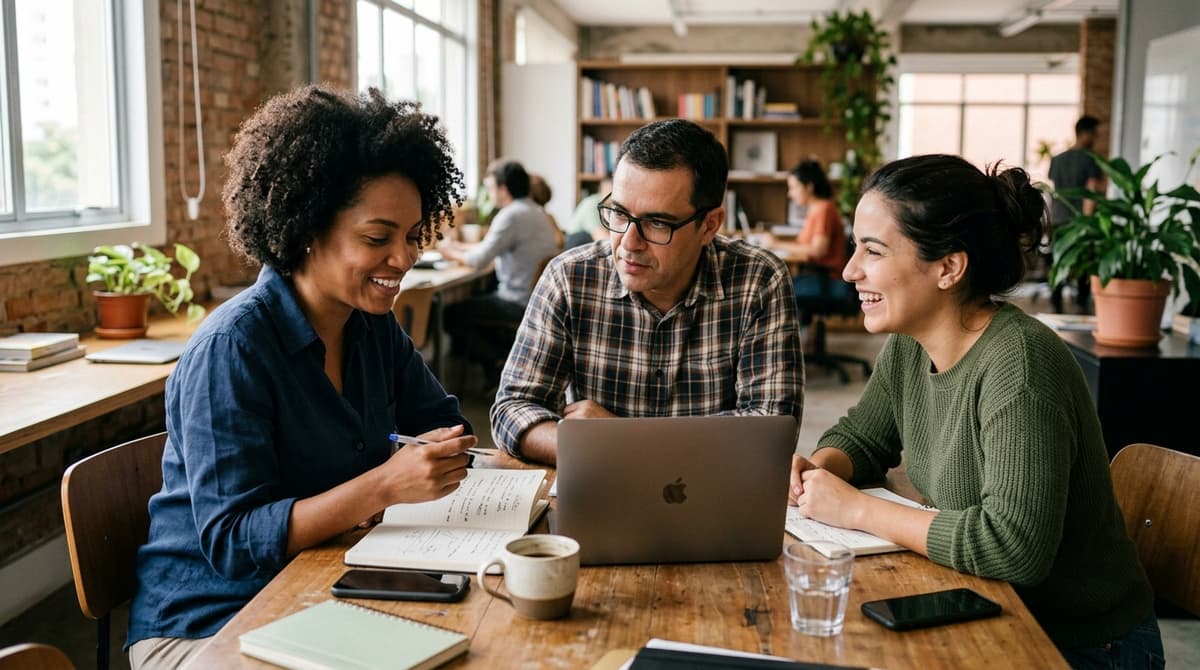 Equipe de pequena empresa brasileira reunida discutindo estratégia de marketing ao redor de uma mesa