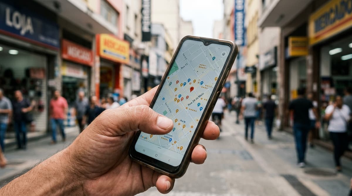 Resultado de busca local no celular mostrando empresas com estrelas de avaliação em um mapa