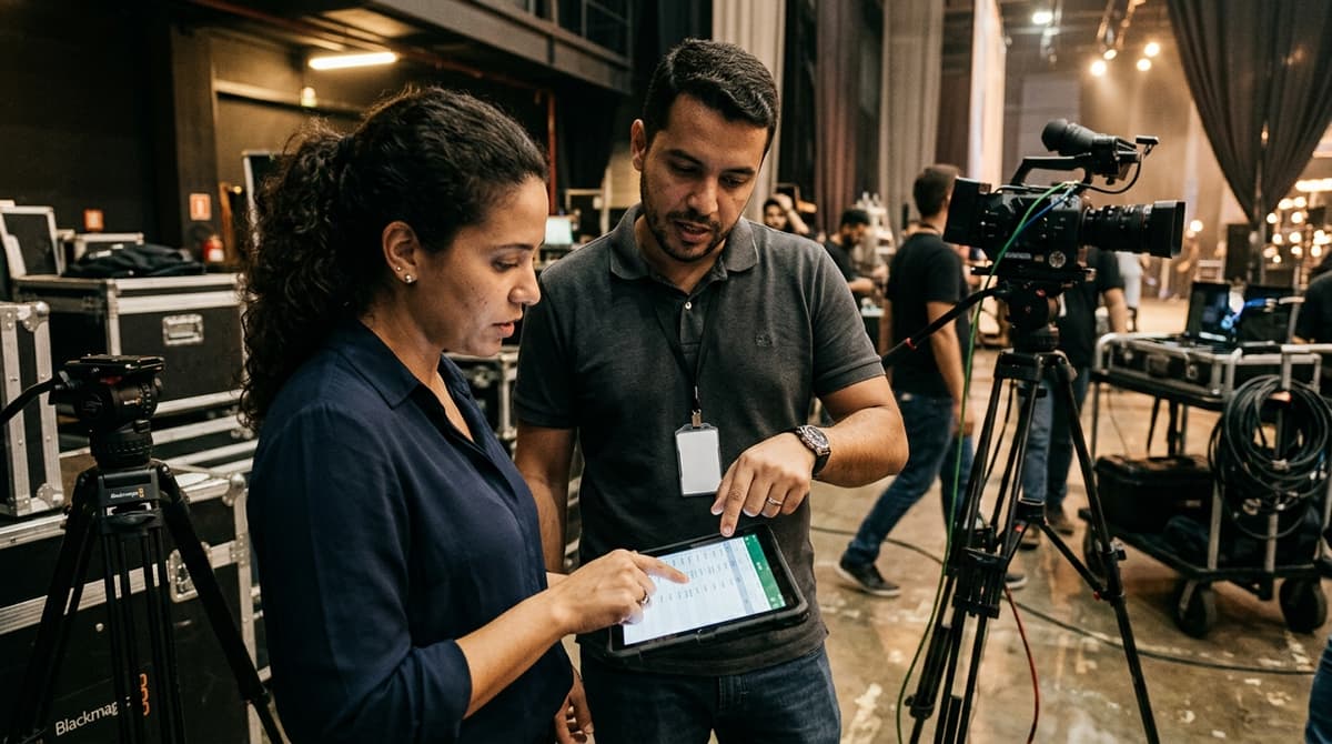 Equipe de producao audiovisual revisando o roteiro de captacao com tablet nos bastidores de um evento