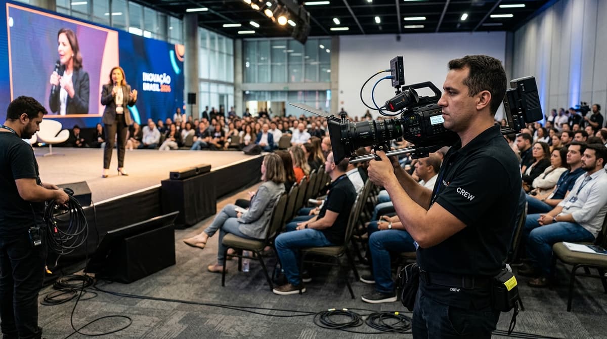 Equipe de filmagem profissional captando um evento corporativo em um centro de convencoes brasileiro