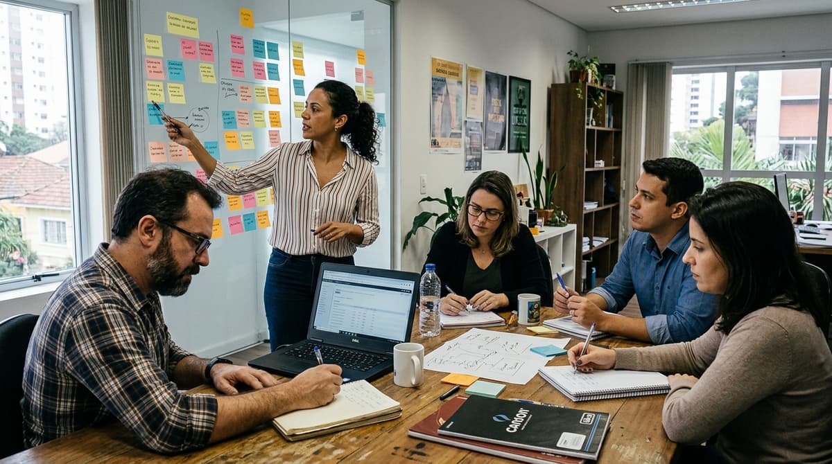 Equipe de uma pequena empresa brasileira planejando estratégias de marketing em uma reunião