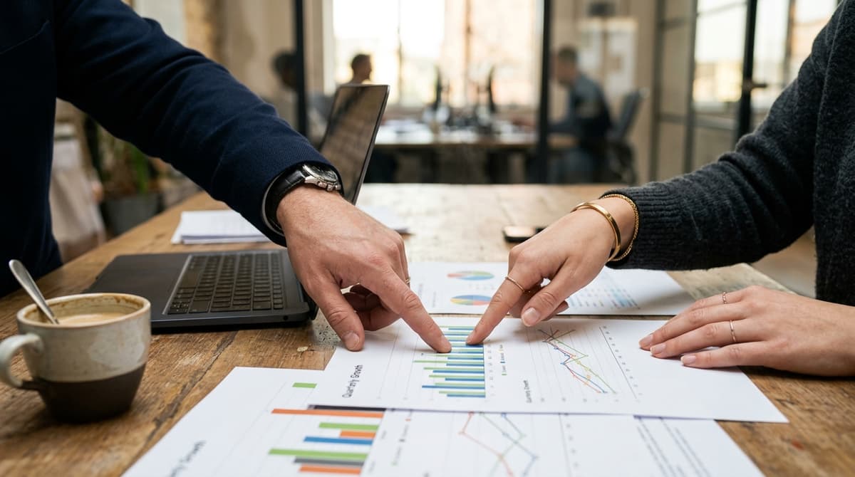 Mãos de um empresário e de uma profissional de marketing apontando para gráficos de desempenho impressos sobre a mesa de reunião