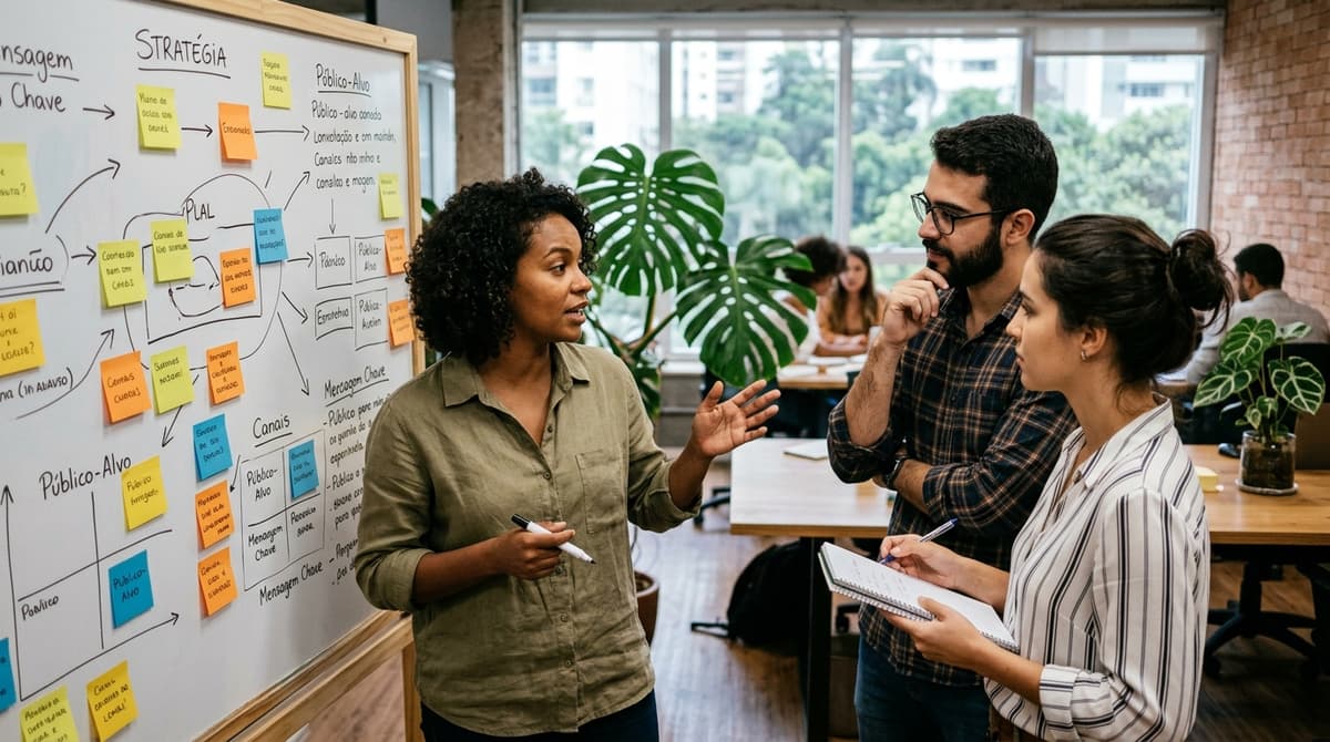 Equipe de agência de marketing reunida diante de um quadro com mapa de posicionamento de marca e estratégia em um escritório brasileiro