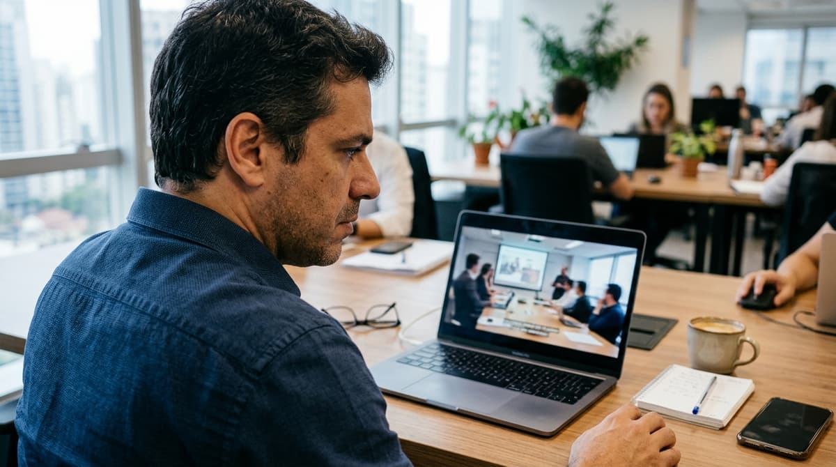 Executivo brasileiro assistindo vídeo de empresa no feed do LinkedIn pelo notebook no escritório