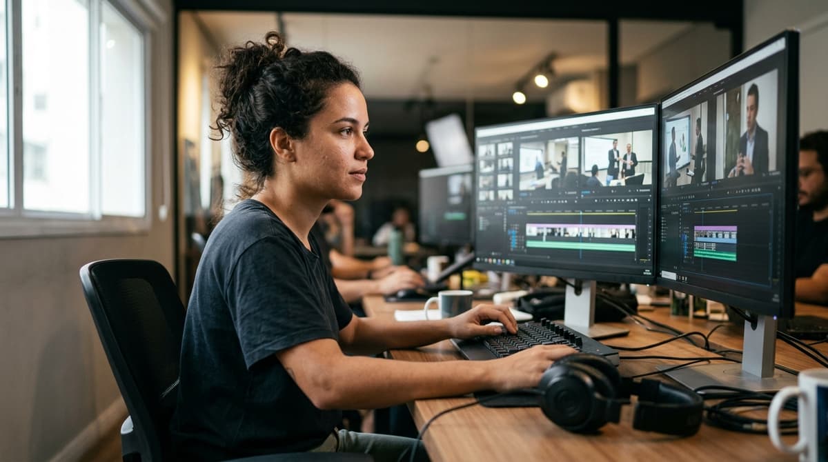 Produtora de vídeo brasileira editando conteúdo corporativo em diferentes formatos para LinkedIn e YouTube
