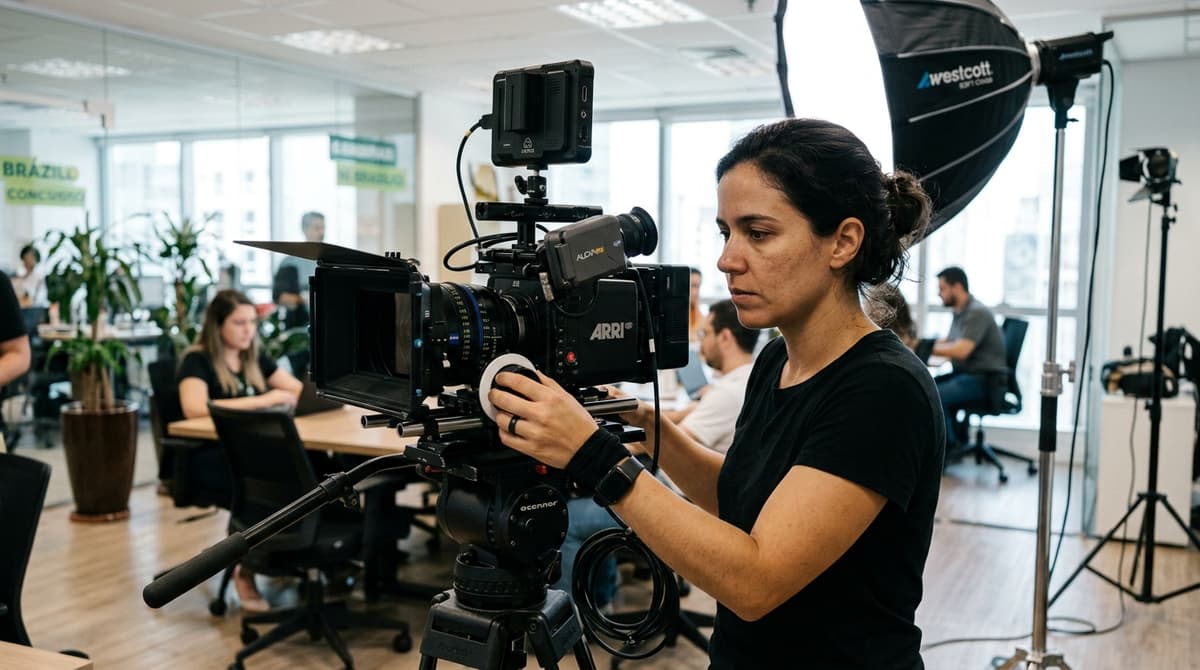 Diretor de fotografia ajustando câmera profissional sobre tripé durante gravação de vídeo institucional em empresa