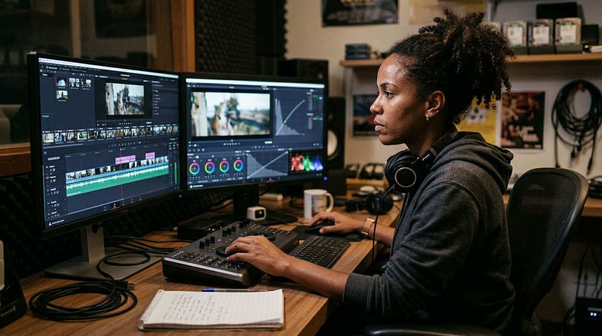 Editor de vídeo trabalhando em estação com dois monitores exibindo linha do tempo de edição e correção de cor de vídeo institucional