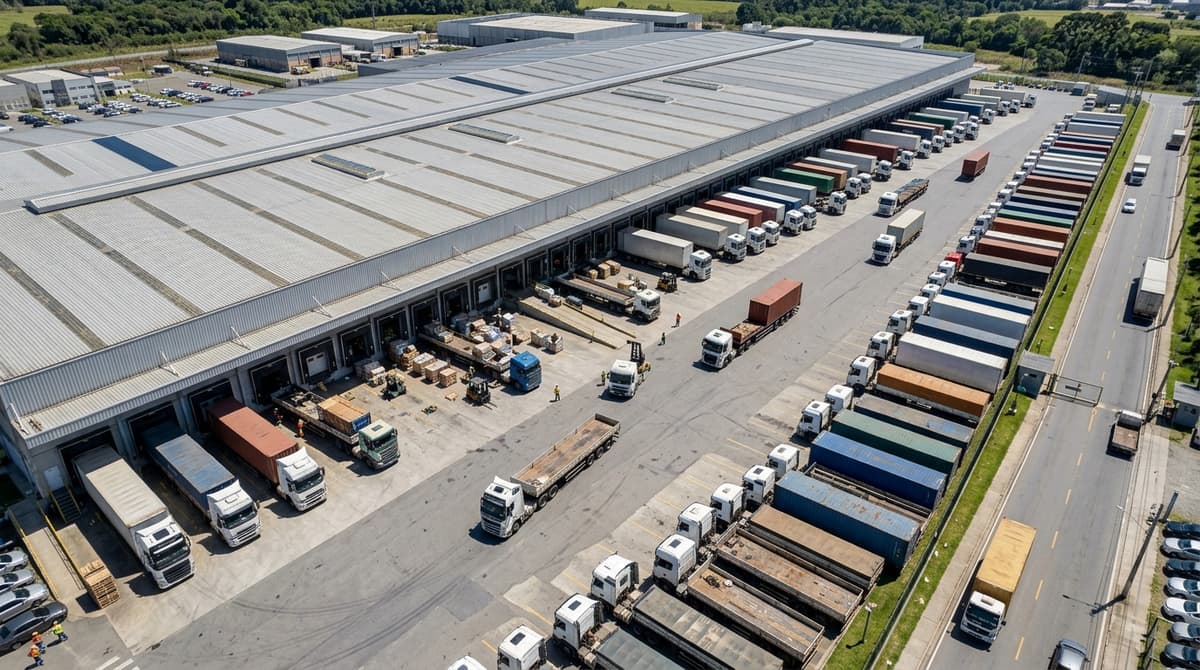 Vista aerea de um galpao industrial brasileiro com patio de manobras e caminhoes, captada por drone em dia claro