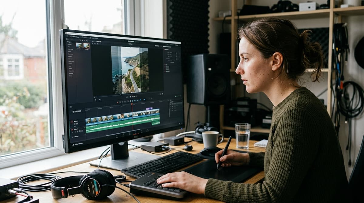 Editor de video em uma mesa com monitor mostrando timeline de uma filmagem aerea sendo reenquadrada para formato vertical